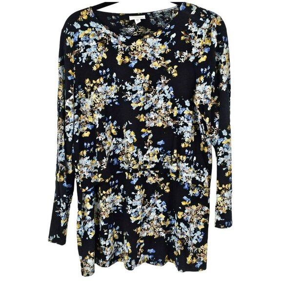 J. Jill Flowy Black Floral Top Oversized Tiered Tunic Blouse Loose Relaxed Fit - Picture 1 of 7